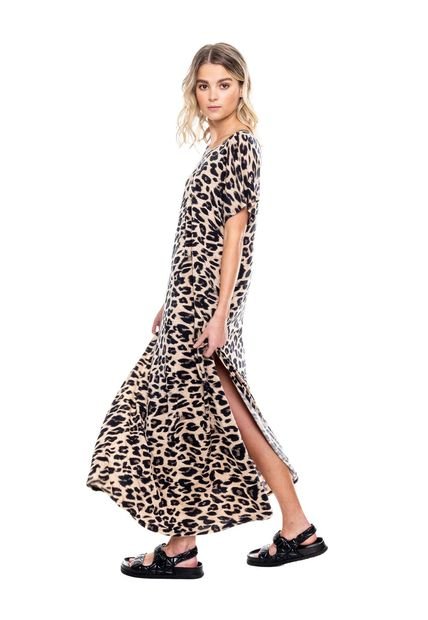 Maxi Vestido De Manga Corta Estampado Animal Print Con Escote En Espalda Color Blue