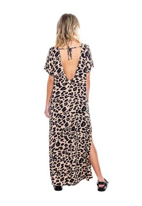 Maxi Vestido De Manga Corta Estampado Animal Print Con Escote En Espalda Color Blue