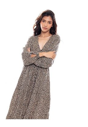 Maxi Vestido Manga Larga En Animal Print Con Botonadura Y Tira Para Anudar En Cintura Color Blue