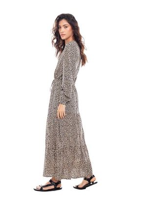 Maxi Vestido Manga Larga En Animal Print Con Botonadura Y Tira Para Anudar En Cintura Color Blue