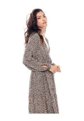 Maxi Vestido Manga Larga En Animal Print Con Botonadura Y Tira Para Anudar En Cintura Color Blue