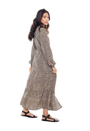 Maxi Vestido Manga Larga En Animal Print Con Botonadura Y Tira Para Anudar En Cintura Color Blue