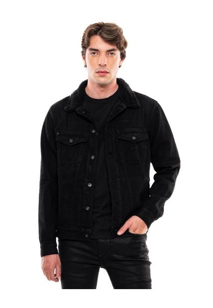 Chaqueta Trucker En Black Denim Con Cuello Ovejero Color Blue