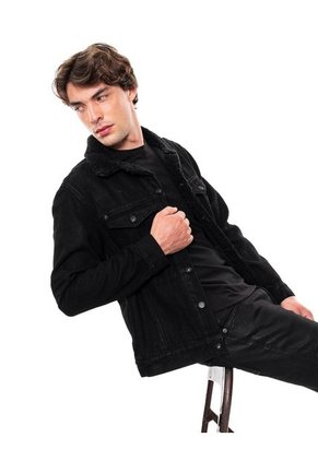 Chaqueta Trucker En Black Denim Con Cuello Ovejero Color Blue