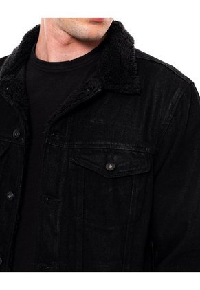 Chaqueta Trucker En Black Denim Con Cuello Ovejero Color Blue