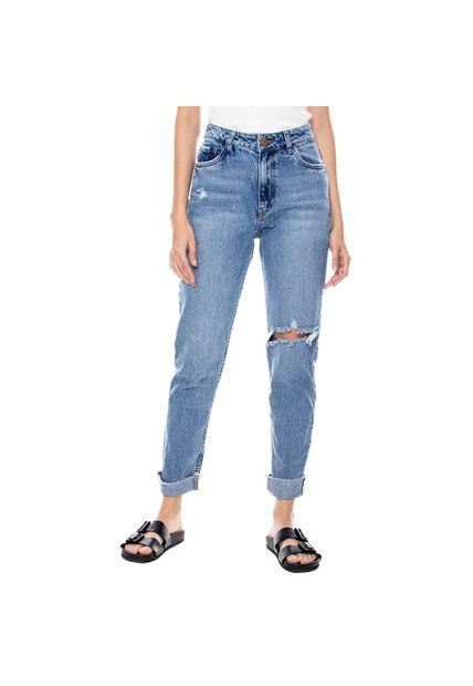 High Waist Straight Jeans Tono Medio Con Bota Desflecada Color Blue