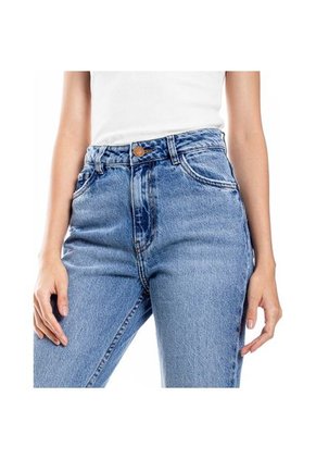 High Waist Straight Jeans Tono Medio Con Bota Desflecada Color Blue