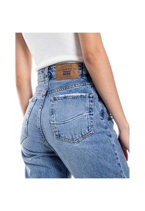 High Waist Straight Jeans Tono Medio Con Bota Desflecada Color Blue