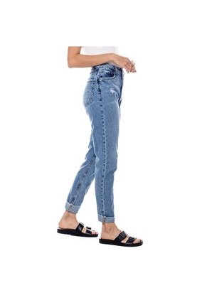 High Waist Straight Jeans Tono Medio Con Bota Desflecada Color Blue