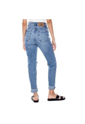 High Waist Straight Jeans Tono Medio Con Bota Desflecada Color Blue