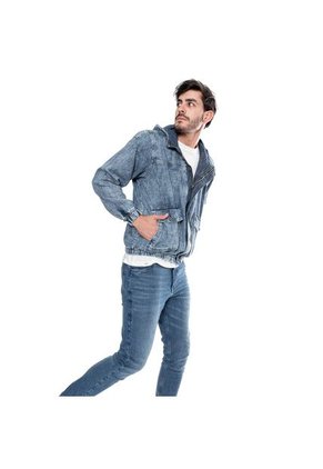 Chaqueta En Denim Con Capucha Bolsillos Delanteros Y Proceso De Lavandería Frost Color Blue