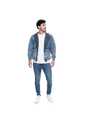 Chaqueta En Denim Con Capucha Bolsillos Delanteros Y Proceso De Lavandería Frost Color Blue