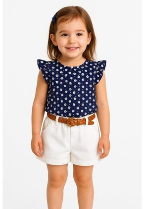 Conjunto Niñas Sin Mangas Floral Pantalón Corto Con Cinturón