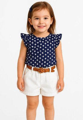 Conjunto Niñas Sin Mangas Floral Pantalón Corto Con Cinturón
