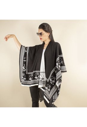 Ruana Color Negro Blanco, Estilo En Líneas En La Parte Inferior De Mujer COSMOS 101104