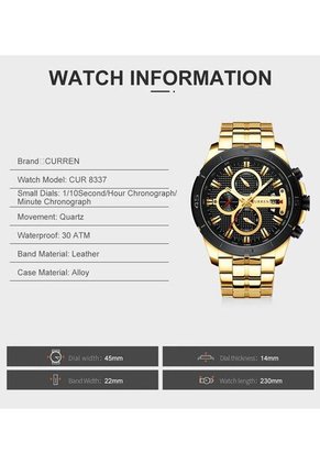 Reloj Curren 8337 Cronógrafo Tablero Negro - Dorado