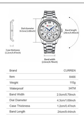 Reloj Curren 8466 Cronógrafo Tablero Blanco - Plata