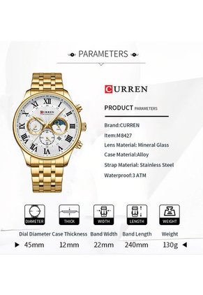 Reloj Curren 8427 Cronógrafo Tablero Blanco - Dorado