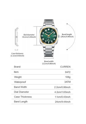 Reloj Curren 8472 Clasico Tablero Verde - Plata