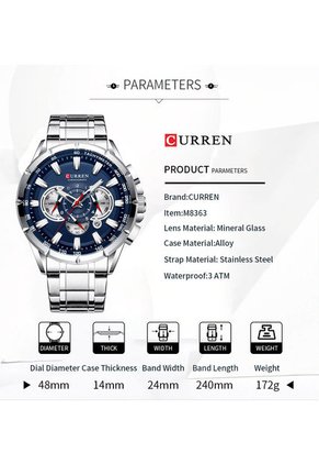 Reloj Curren 8363 Cronógrafo Tablero Azul- Plata