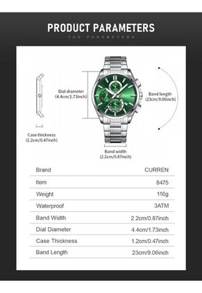 Reloj Curren 8475 Cronógrafo Tablero Verde - Plata