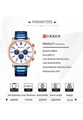 Reloj Curren 8315 Cronógrafo Tablero Blanco - Azul