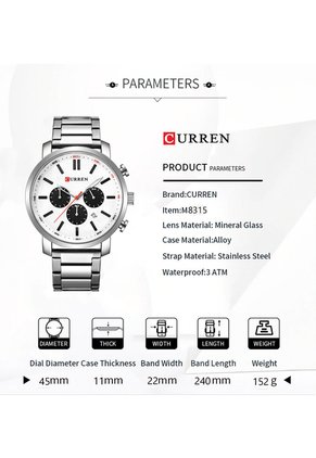 Reloj Curren 8315 Cronógrafo Tablero Blanco - Plata