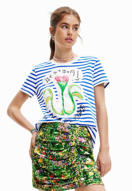 Camiseta Blanco-Azul-Negro Desigual