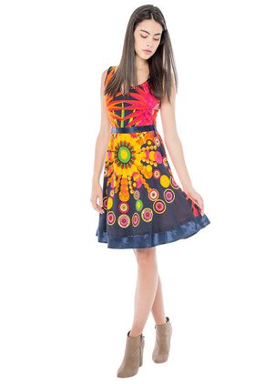 Vestido Desigual Azul Oscuro-Rojo-Naranja