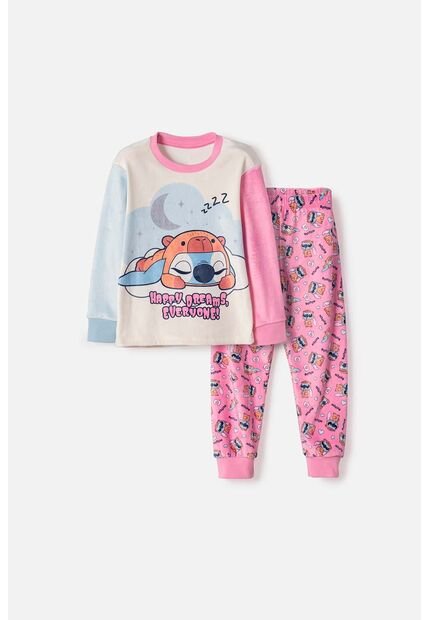 Pijama De Stitch Y Capybara Pantalón Largo Rosado Para Niña 2T A 6T 2T