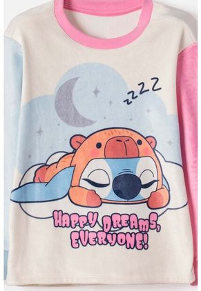 Pijama De Stitch Y Capybara Pantalón Largo Rosado Para Niña 2T A 6T 2T