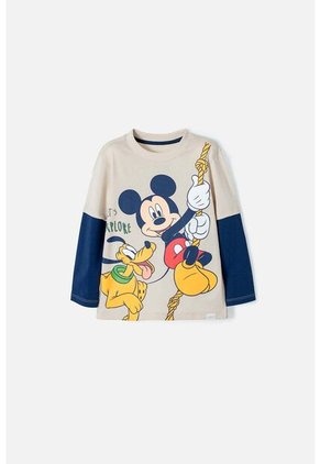 Camiseta Mickey Manga Larga Caqui Y Azul Para Niño 2T A 5T 2T