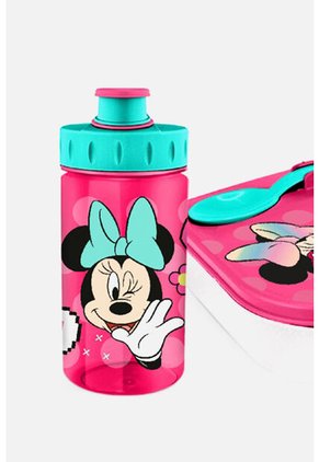 Set De Porta, Cubierto Y Botella De Minnie Mouse Rosado Y Azul U