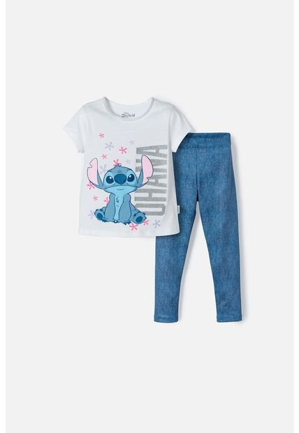 Conjunto De Stitch Blanco Y Azul Con Camiseta Manga Corta Para Niña 2T A 5T 4T