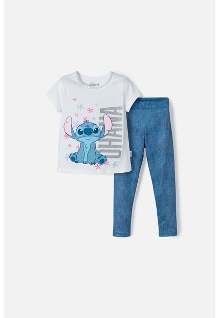Conjunto De Stitch Blanco Y Azul Con Camiseta Manga Corta Para Niña 2T A 5T 5T