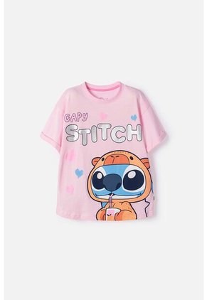 Camiseta De Stitch Y Capybara Manga Corta Rosada Para Niña 14