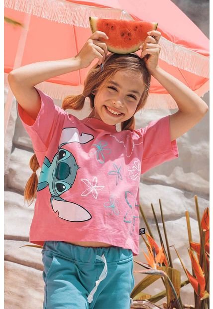 Camiseta De Stitch Rosada Manga Corta Para Niña 4