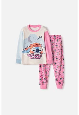 Pijama De Stitch Y Capybara Pantalón Largo Rosado Para Niña 2T A 6T 2T Disney