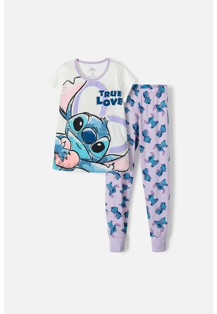 Pijama De Stitch De Pantalón Largo Marfil Y Lila Para Niña 4