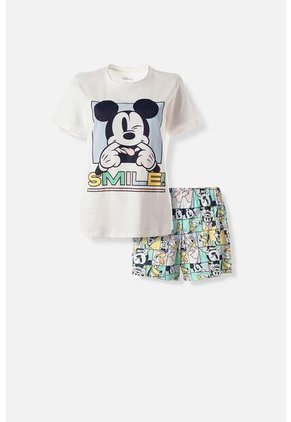 Pijama De Mickey Mouse Marfil Y Multicolor De Pantalón Corto Para Mujer M
