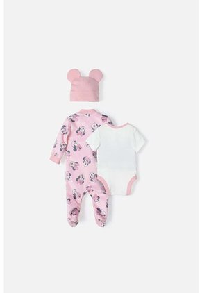 Set Primer Día De Minnie Mouse Marfil Y Rosado Estampado Para Bebé Niña 0-3