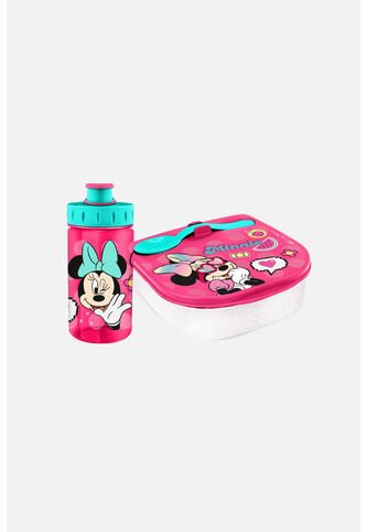 Set De Porta, Cubierto Y Botella De Minnie Mouse Rosado Y Azul U Disney