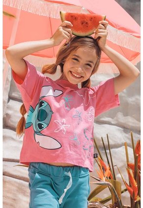 Camiseta De Stitch Rosada Manga Corta Para Niña 12