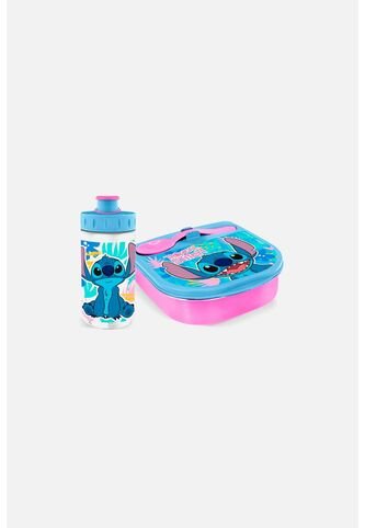 Set De Porta, Cubierto Y Botella Azul/rosado De Stitch U Disney