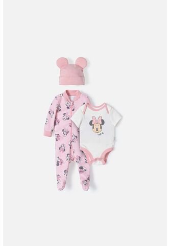 Set Primer Día De Minnie Mouse Marfil Y Rosado Estampado Para Bebé Niña 0-3 Disney