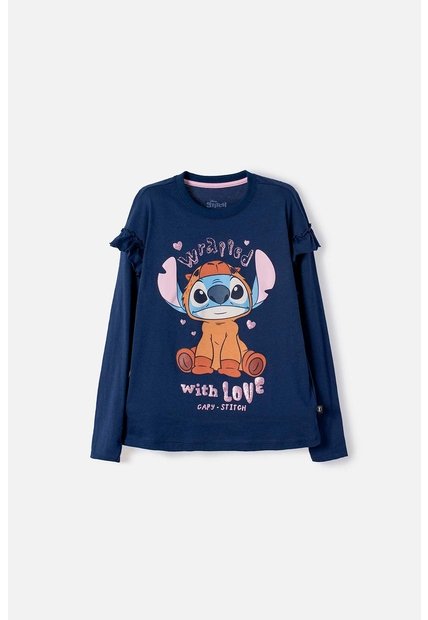 Camiseta De Stitch Y Capybara Manga Larga Azul Para Niña 10