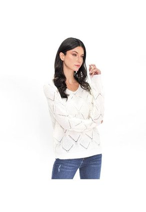 Sueter Para Mujer Negro, Manga Larga Cuello Redondo,con Detalles Frontales. COLOR-BLANCO-M