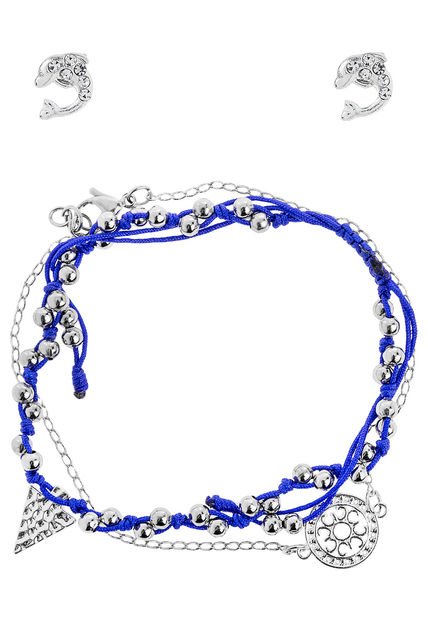 Set Tobilleras y Aretes Plateado-Azul Floripondia