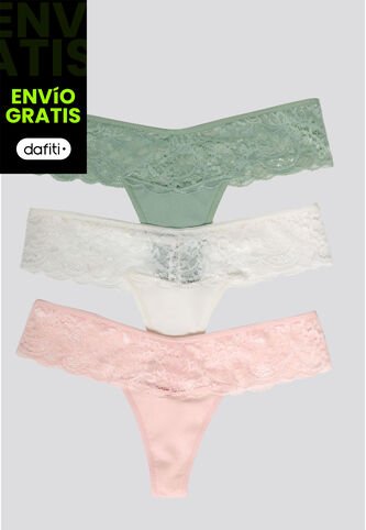 Brasilera Paq X3 Mujer Verde Oliva/Marfil/Rosa FI 34542 Formas Intimas