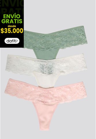 Brasilera Paq X3 Mujer Verde Oliva/Marfil/Rosa FI 34542 Formas Intimas